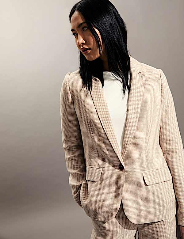 Pure Linen Houndstooth Single Breasted Blazer - NL