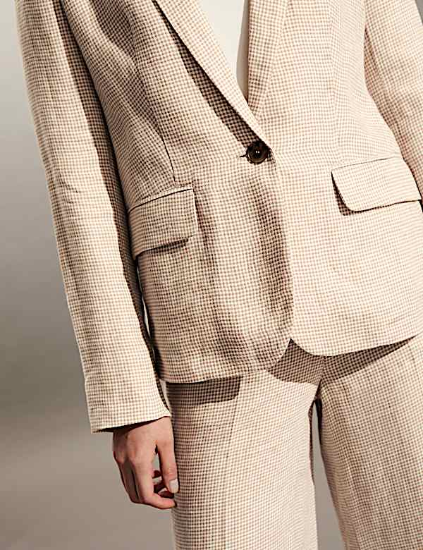 Pure Linen Houndstooth Single Breasted Blazer - NL