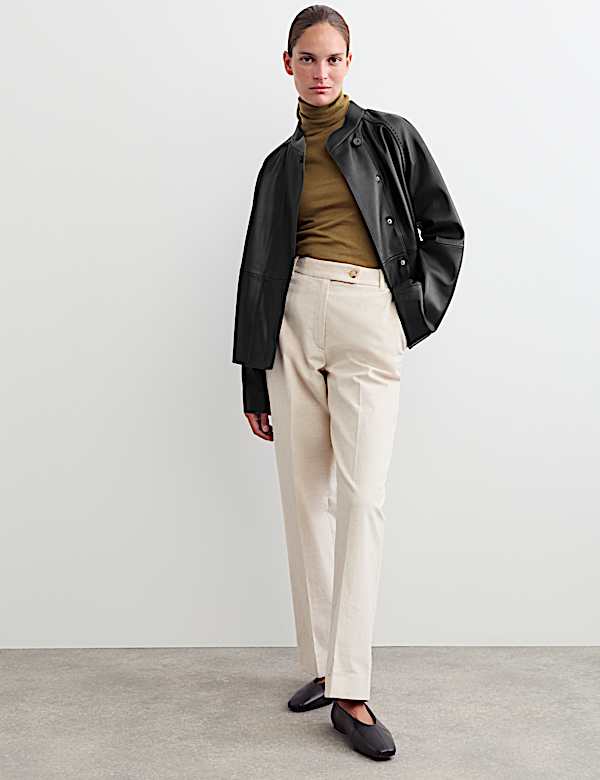 Pure Leather Collarless Short Jacket - BE