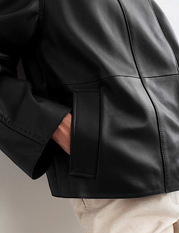 Pure Leather Collarless Short Jacket - BE