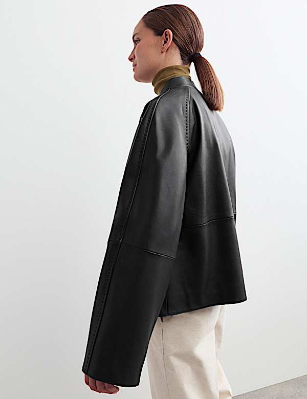 Pure Leather Collarless Short Jacket - BE