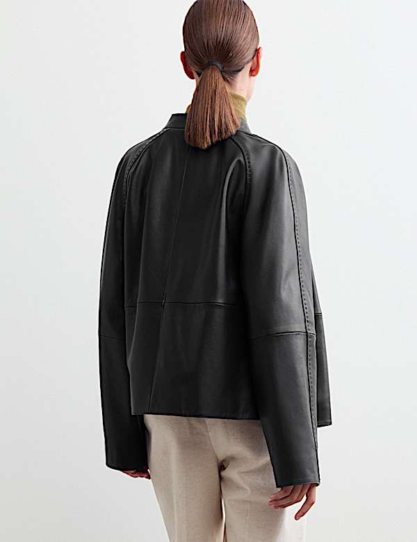 Pure Leather Collarless Short Jacket - BE
