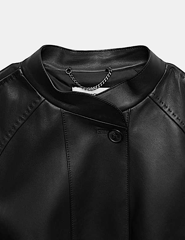 Pure Leather Collarless Short Jacket - BE