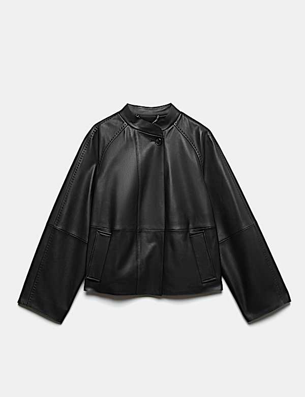 Pure Leather Collarless Short Jacket - BE