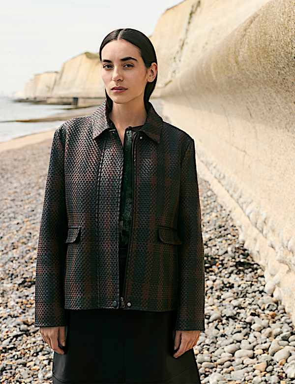 Leather Woven Checked Collared Jacket - CA