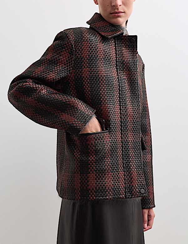 Leather Woven Checked Collared Jacket - CA