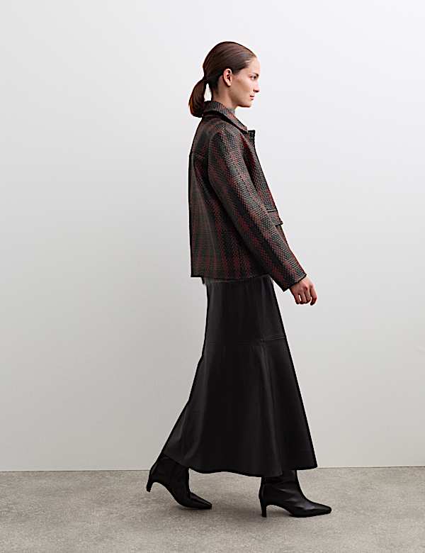 Leather Woven Checked Collared Jacket - CA
