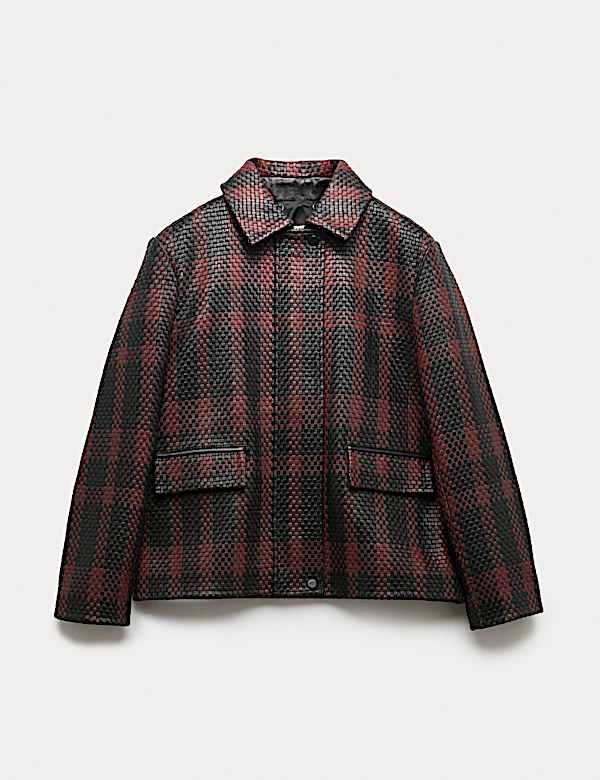 Leather Woven Checked Collared Jacket - CA