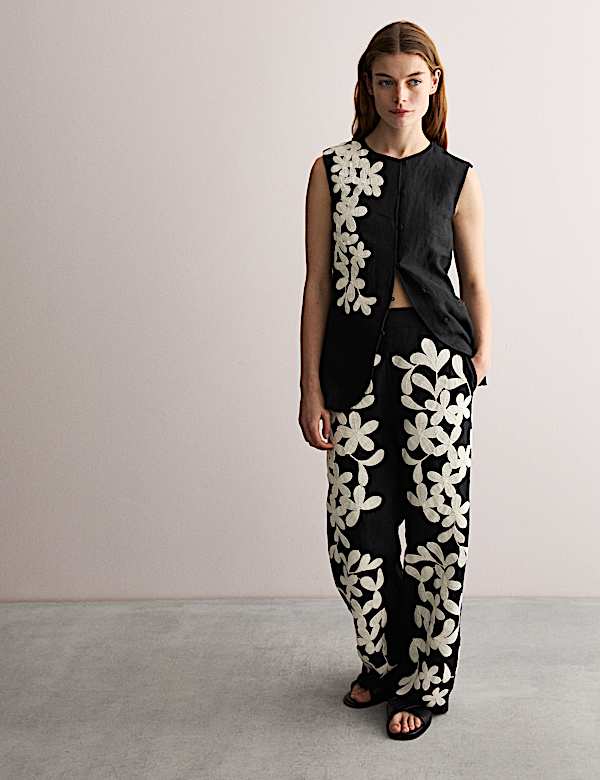 Gilet van zuiver linnen met bloemendessin - NL