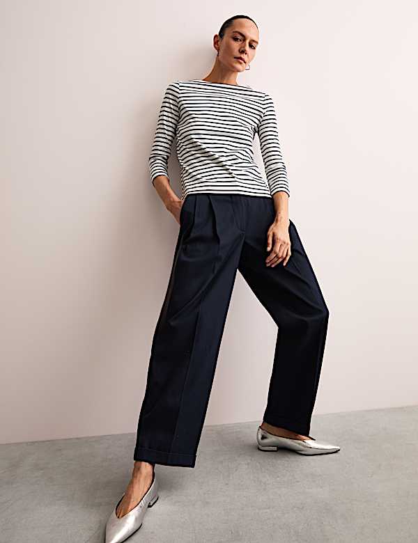 Pure Mercerised Cotton Striped Boat Neck Top - FR