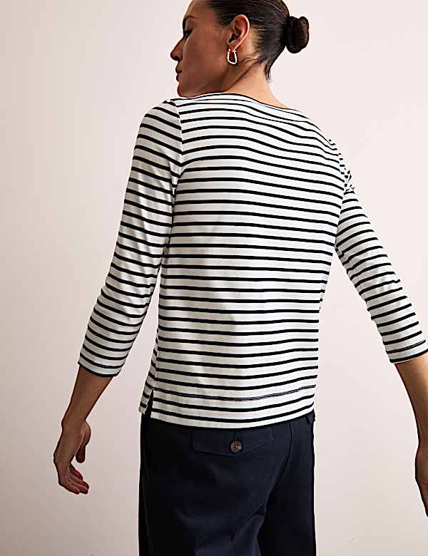 Pure Mercerised Cotton Striped Boat Neck Top - FR