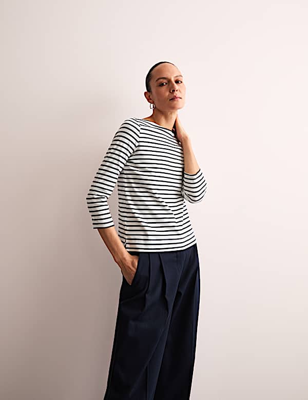 Pure Mercerised Cotton Striped Boat Neck Top - FR