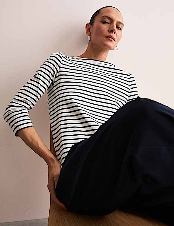Pure Mercerised Cotton Striped Boat Neck Top - FR