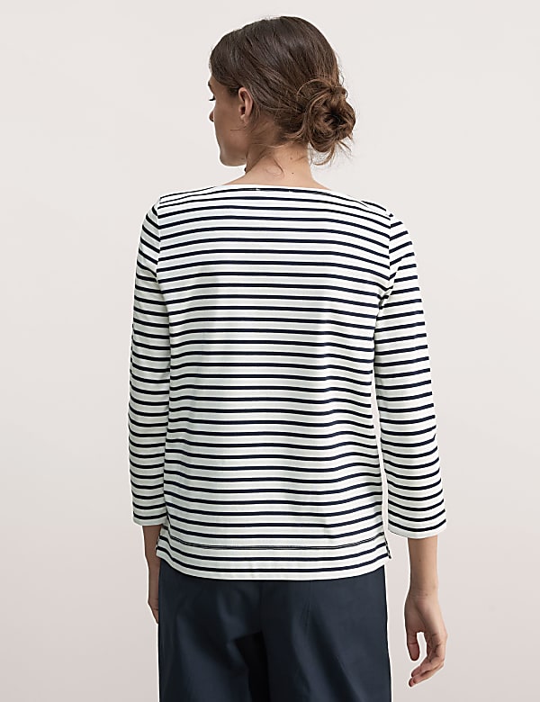 Pure Mercerised Cotton Striped Boat Neck Top - FR