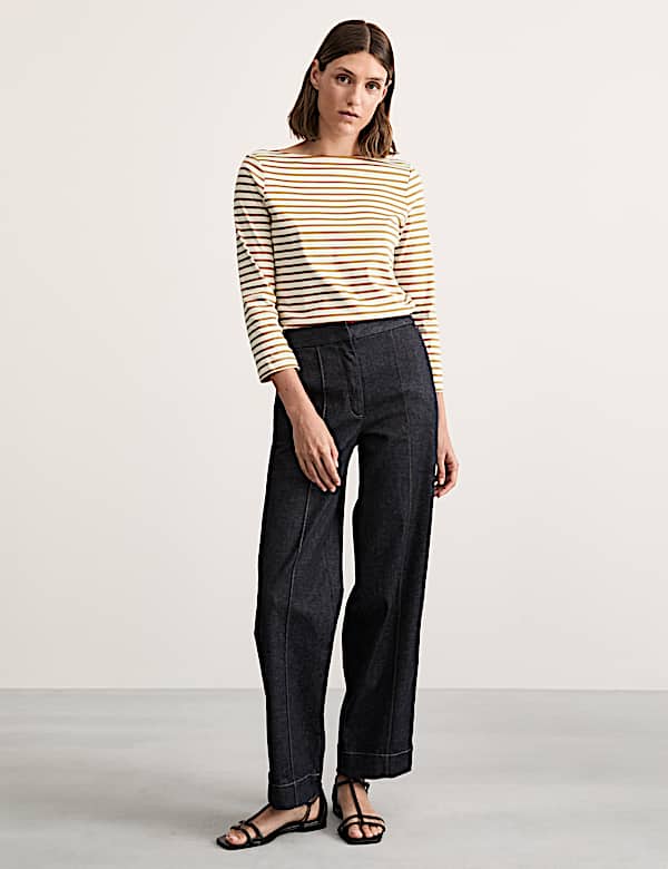 Pure Mercerised Cotton Striped Boat Neck Top - FR
