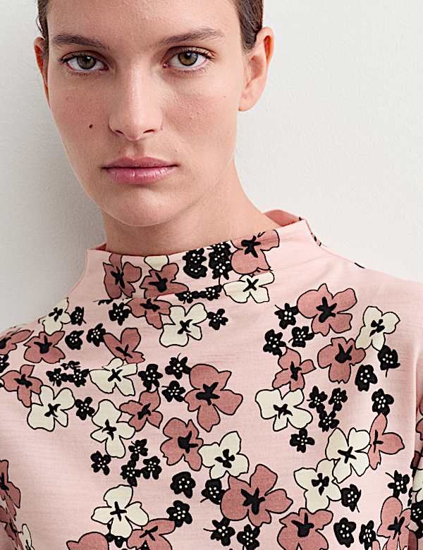 Merino Wool Rich Floral Funnel Neck Top - CA