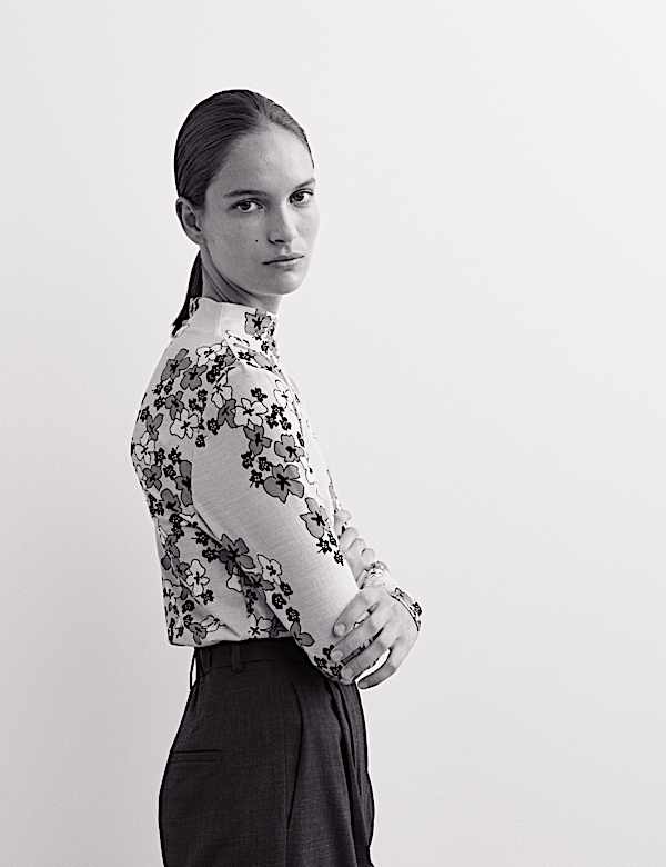 Merino Wool Rich Floral Funnel Neck Top - CA