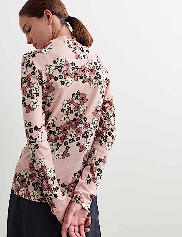 Merino Wool Rich Floral Funnel Neck Top - CA