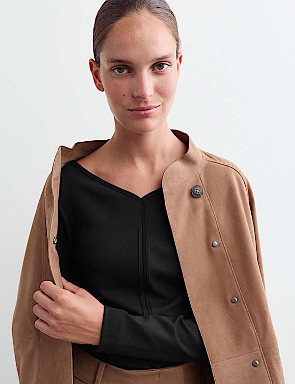 Cotton Modal Blend V-Neck Stitch Detail Top - IT