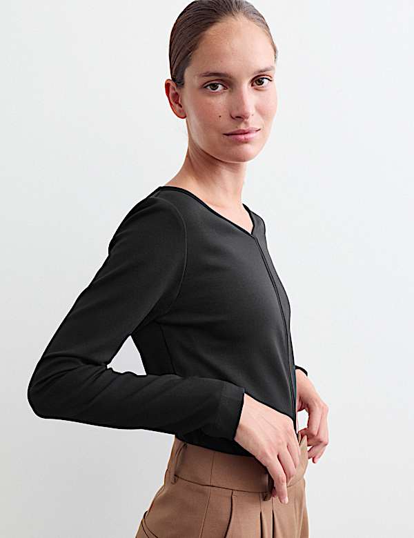 Cotton Modal Blend V-Neck Stitch Detail Top - IT