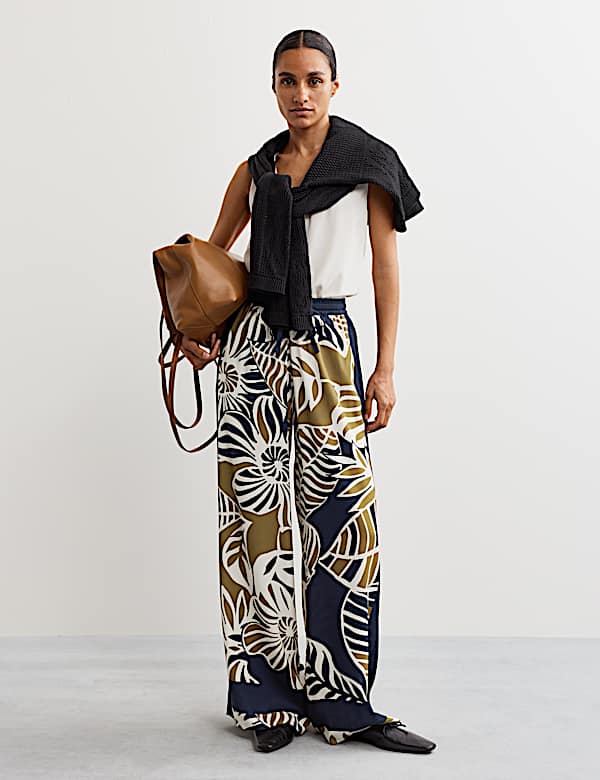 Pantalon coupe large à imprimé feuille avec cordon - FR
