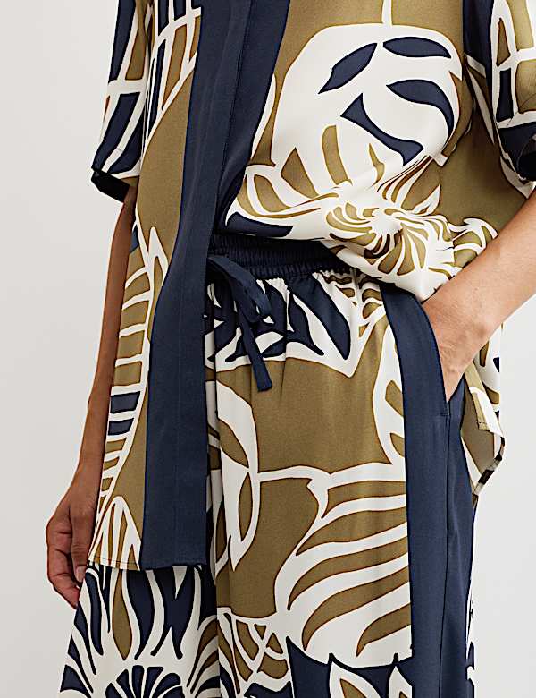 Leaf Print Drawstring Wide Leg Trousers - ES