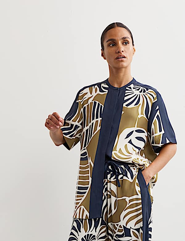 Leaf Print Drawstring Wide Leg Trousers - ES