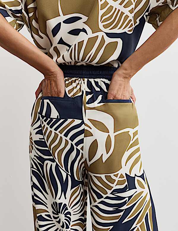 Leaf Print Drawstring Wide Leg Trousers - ES