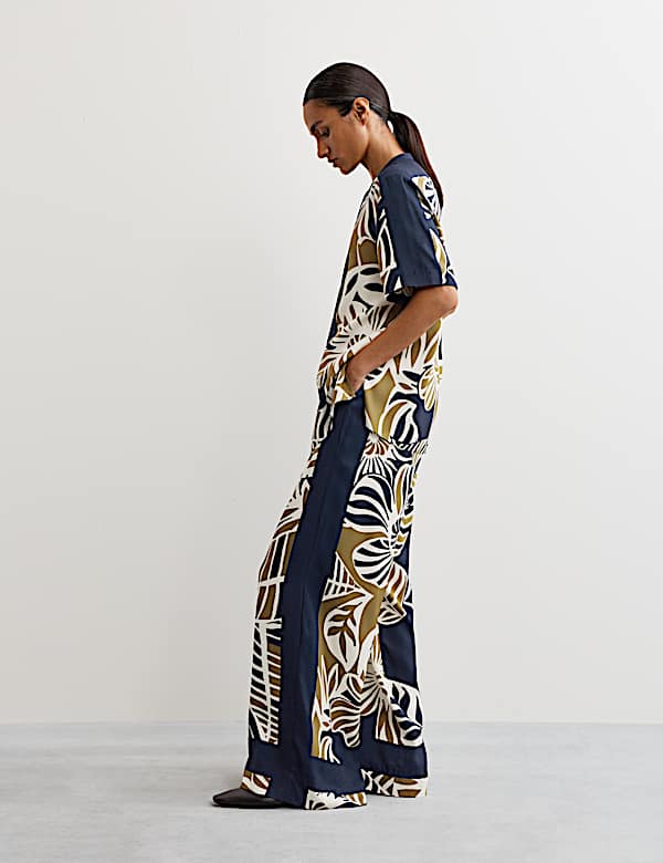 Leaf Print Drawstring Wide Leg Trousers - ES