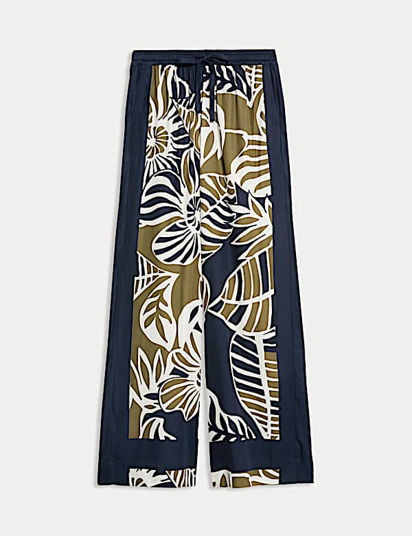 Leaf Print Drawstring Wide Leg Trousers - ES