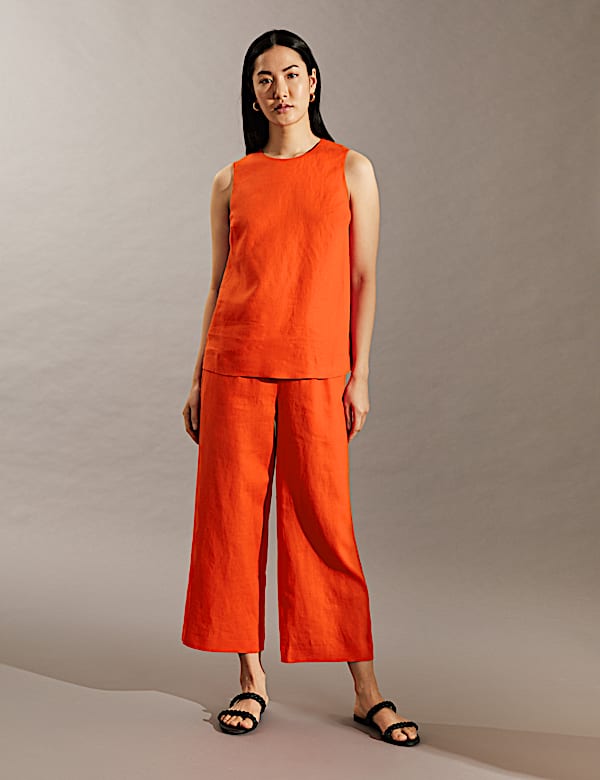 Pure Linen Wide Leg Cropped Trousers - ES