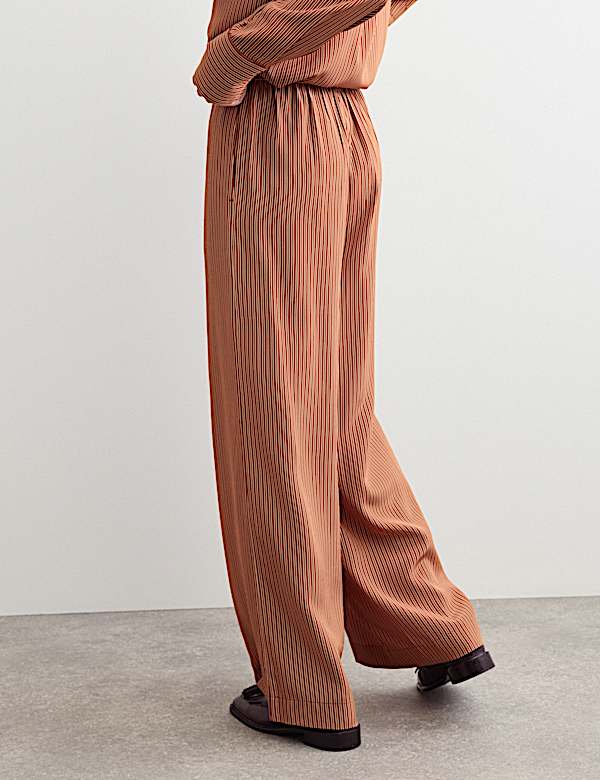 Pure Silk Striped Wide Leg Trousers - NZ