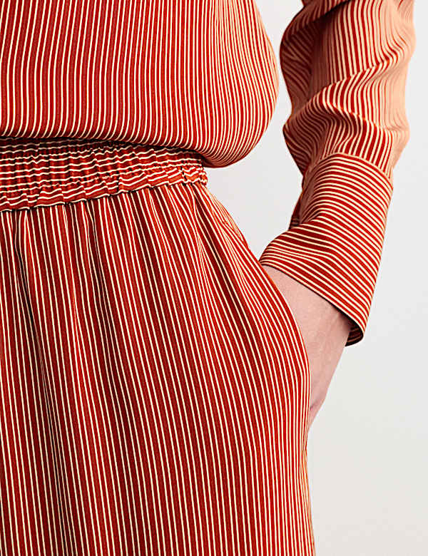 Pure Silk Striped Wide Leg Trousers - NZ