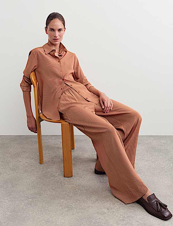 Pure Silk Striped Wide Leg Trousers - NZ