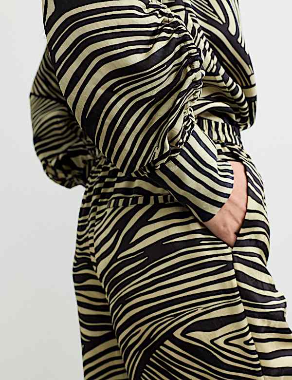 Jacquard Printed Elasticated Waist Wide Leg Trousers - CA