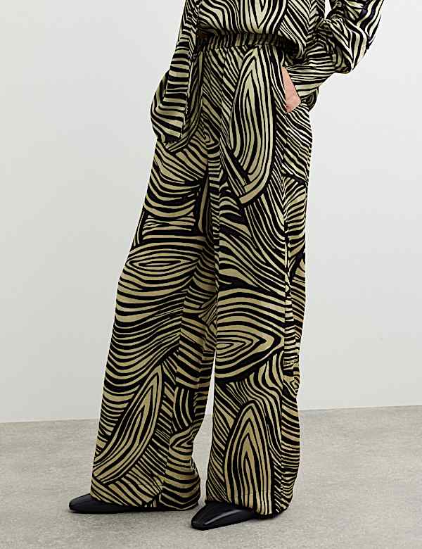 Jacquard Printed Elasticated Waist Wide Leg Trousers - CA