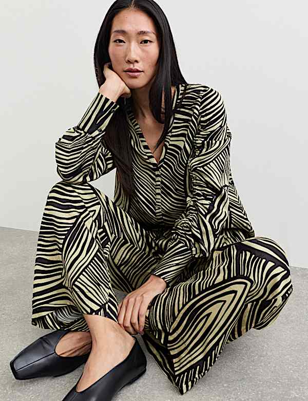 Jacquard Printed Elasticated Waist Wide Leg Trousers - CA