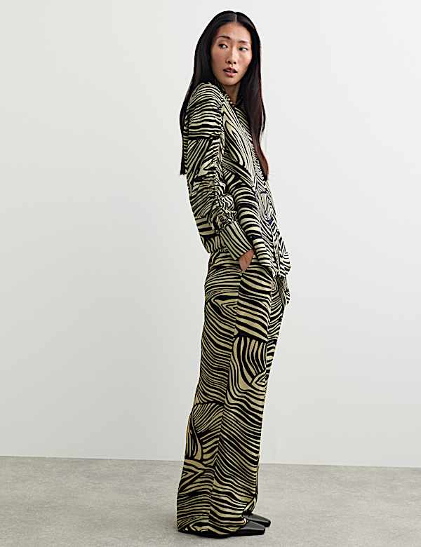 Jacquard Printed Elasticated Waist Wide Leg Trousers - CA