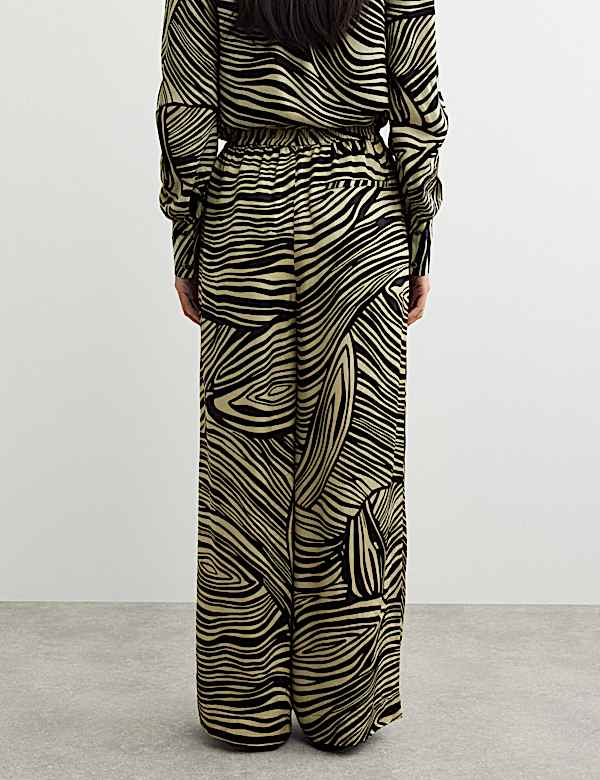 Jacquard Printed Elasticated Waist Wide Leg Trousers - CA