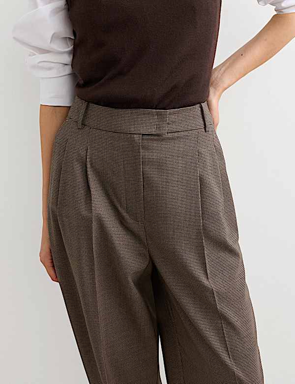 Wool Rich Dogtooth Pleat Front Tapered Trousers - KR