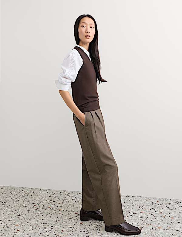 Wool Rich Dogtooth Pleat Front Tapered Trousers - KR