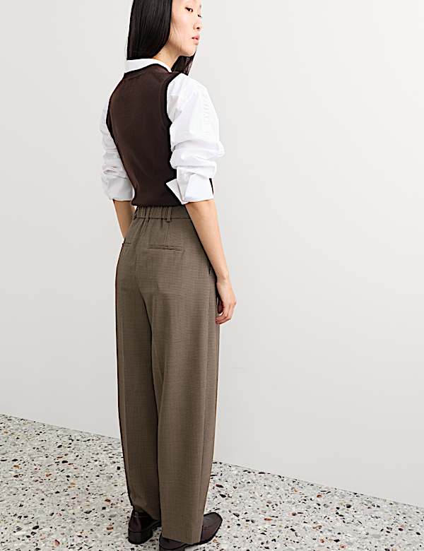 Wool Rich Dogtooth Pleat Front Tapered Trousers - KR
