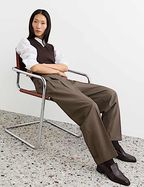 Wool Rich Dogtooth Pleat Front Tapered Trousers - KR