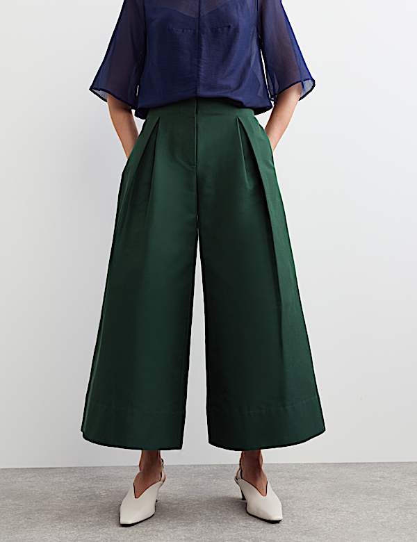 Taffeta Pleated Wide Leg Trousers with Silk - NZ