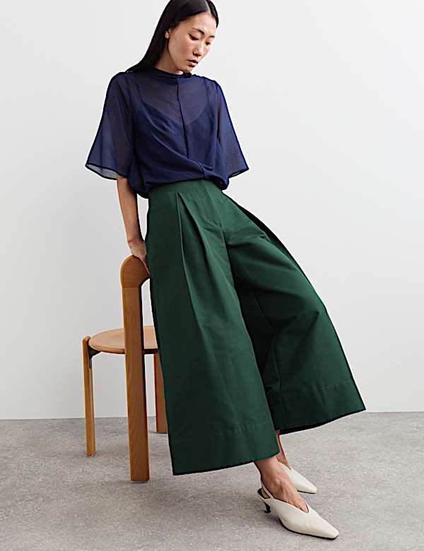 Taffeta Pleated Wide Leg Trousers with Silk - NZ