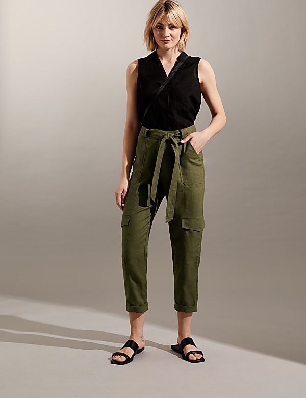 Pure Linen Cargo Belted Cropped Trousers NATURAL Trousers M S GR