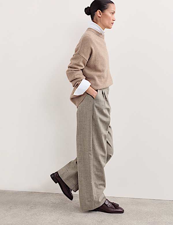 Italian Wool Rich Pleat Front Wide Leg Trousers - ES