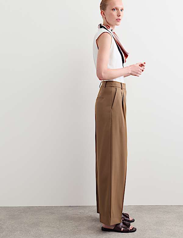 Wool Rich Pleat Front Wide Leg Trousers - BE