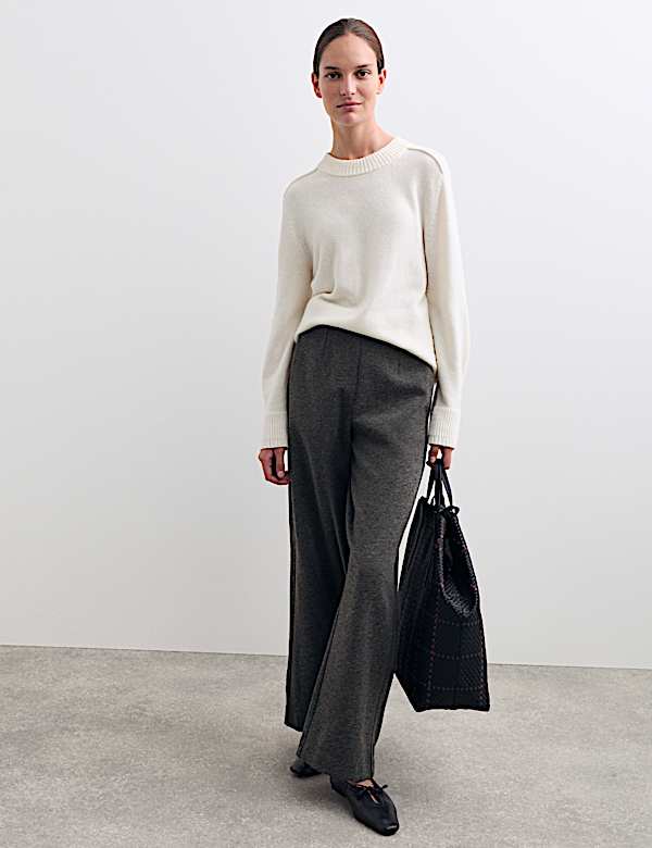 Cotton Blend Jersey Straight Leg Trousers with Wool - CA