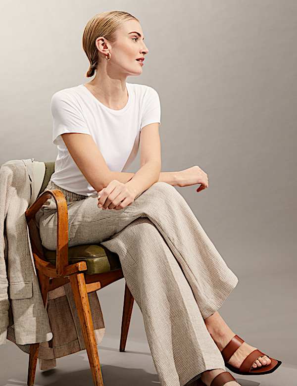 Pure Linen Houndstooth Wide Leg Trousers - AU